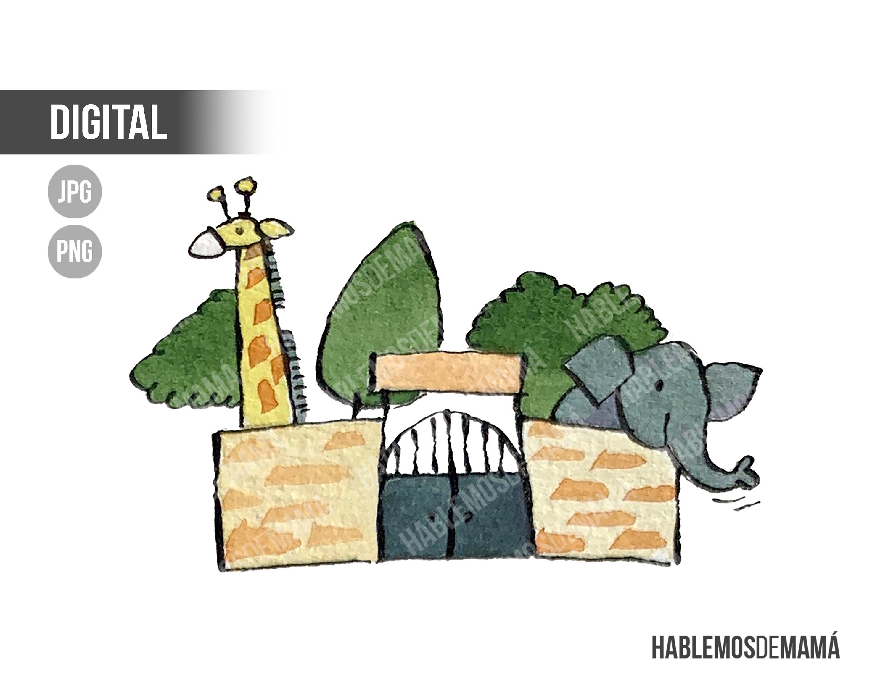 Elephant and Giraffe at the Zoo. Printable Children's Watercolor ...