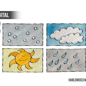 Meteo: Sun, clouds, rain and snow. Printable children&#39;s watercolor. Clipart. PNG/JPG. Use for scrap, nurseries, schools and home education.