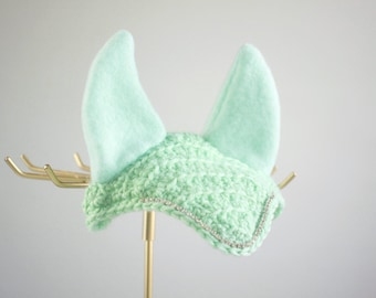 Hobby Horse Ear Bonnet | Handmade Crochet Fly Bonnet with Pearls & Rhinestones | A3 A4 Hobbyhorse Accessories | Spring Summer Tack