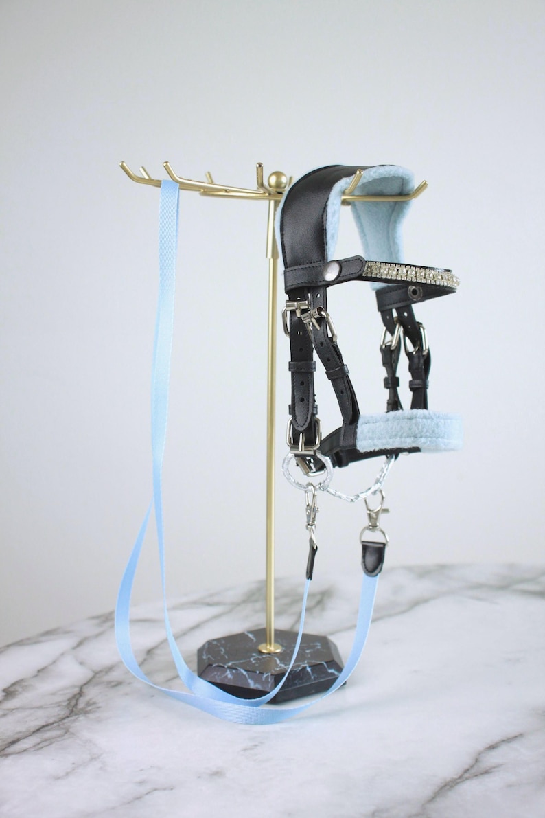 May include: A black leather horse bridle featuring light blue fleece padding on the crown and noseband, a browband adorned with clear crystals, silver-toned metal buckles, and a long, light blue nylon lead rope attached with silver metal clips.