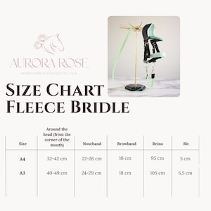 May include: A size chart for a fleece bridle featuring a mint green and black bridle on a gold stand. The chart lists measurements in centimeters for A4 and A3 sizes, including head, noseband, browband, reins, and bit dimensions for hobby horses.