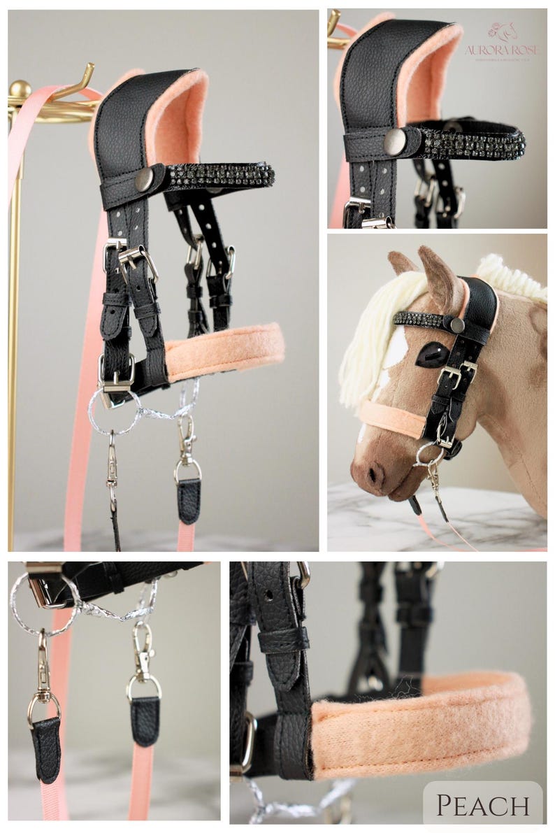 May include: A black leather horse bridle with peach-colored felt padding, featuring a browband adorned with small black crystals, silver-toned metal buckles, and a matching peach-colored lead rope. The set includes a plush horse head model.