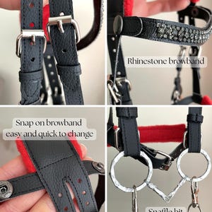 May include: A black faux leather horse bridle featuring double-stitched straps, a rhinestone-encrusted browband, and a silver-toned snaffle bit. The bridle includes adjustable buckles, snap-on browband components, and a bright red padded lining.
