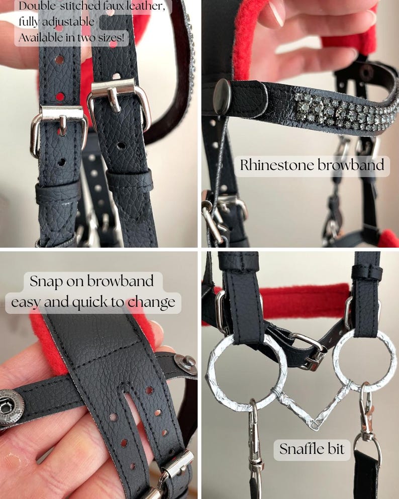 May include: A black faux leather horse bridle featuring double-stitched straps, a rhinestone-encrusted browband, and a silver-toned snaffle bit. The bridle includes adjustable buckles, snap-on browband components, and a bright red padded lining.
