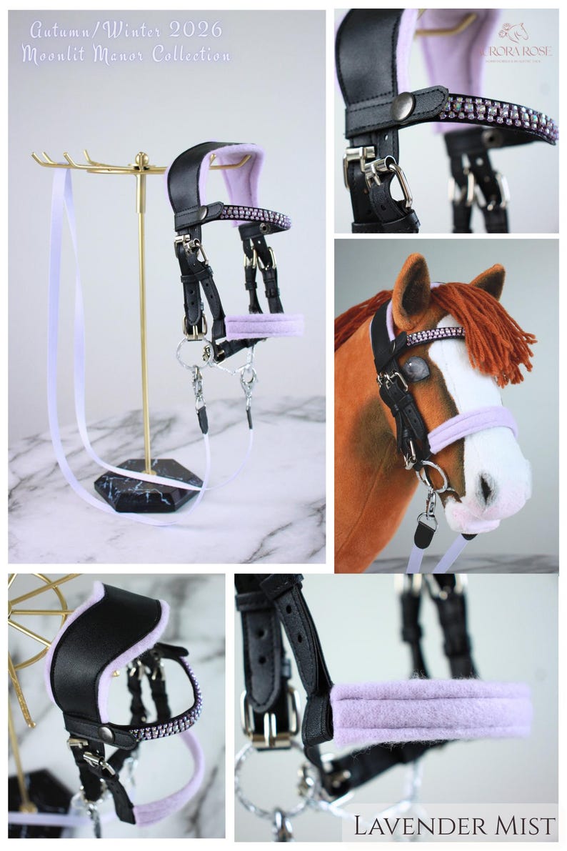 May include: A black horse bridle with lavender padding and a browband featuring rows of purple crystals. The set includes silver-toned metal hardware, buckles, and a lavender lead rope. The text Autumn/Winter 2026 Moonlit Manor Collection and Lavender Mist is visible.