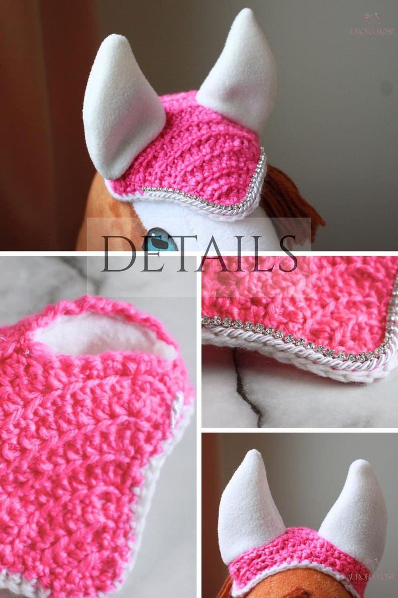 May include: A bright pink crocheted horse ear bonnet featuring white fabric ear covers. The edges are trimmed with a white braided cord and a row of sparkling clear rhinestones. The design includes a textured crochet pattern and a white border.