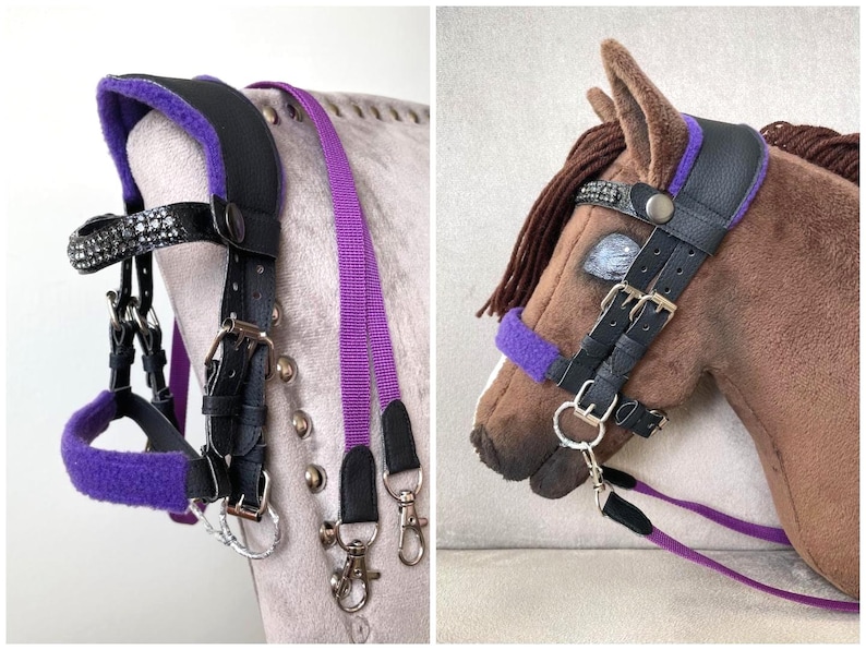 May include: A black leather horse bridle featuring vibrant purple fleece padding on the crown piece and noseband. The browband is embellished with clear crystals. The set includes a matching purple woven rein with silver-toned metal clips.
