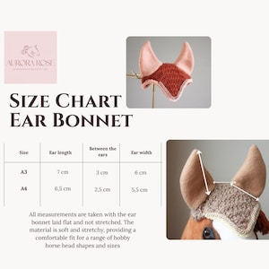 May include: A size chart for an ear bonnet featuring two crochet horse ear bonnets in rust and beige. The chart lists sizes A3 and A4 with measurements in centimeters for ear length, width, and the distance between the ears, with arrows indicating points.