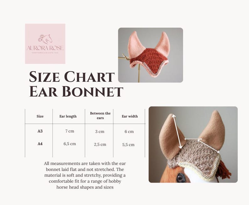 May include: A size chart for an ear bonnet featuring two crochet horse ear bonnets in rust and beige. The chart lists sizes A3 and A4 with measurements in centimeters for ear length, width, and the distance between the ears, with arrows indicating points.