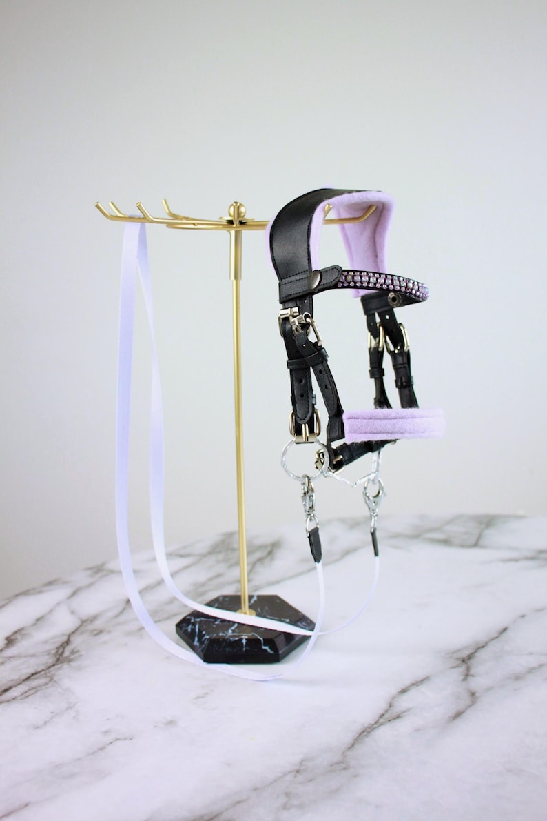 May include: A black leather horse bridle featuring soft lavender padding on the crown piece and noseband. The browband is embellished with a row of sparkling pink crystals. It includes silver-toned metal buckles, rings, and a long white lead rope.