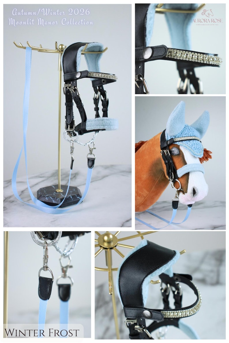 May include: A black leather horse bridle featuring light blue fleece padding, silver-toned metal hardware, and a browband encrusted with clear crystals. The set includes a light blue lead rope and a matching light blue ear bonnet for a horse.