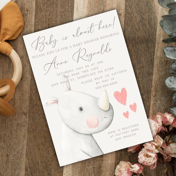 Cute Rhino Baby Shower Invitation Template, Rhinoceros Baby Shower Invitation, Gender Neutral Baby Shower Invitation, Minimalist Baby Shower