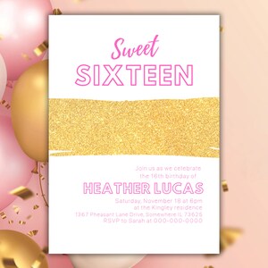 Sweet 16 Birthday Party Invitation Template, Pink and Gold Sweet 16 Birthday Party, Hot Pink and Gold Birthday Invitation, Sweet Sixteen