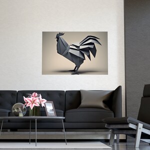 May include: A black origami rooster with a detailed design. The rooster is standing on a light beige background.