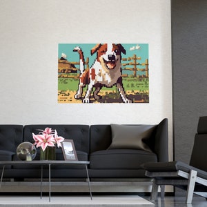 May include: A pixelated illustration of a brown and white dog with a happy expression, standing in a grassy field with a wooden fence in the background.