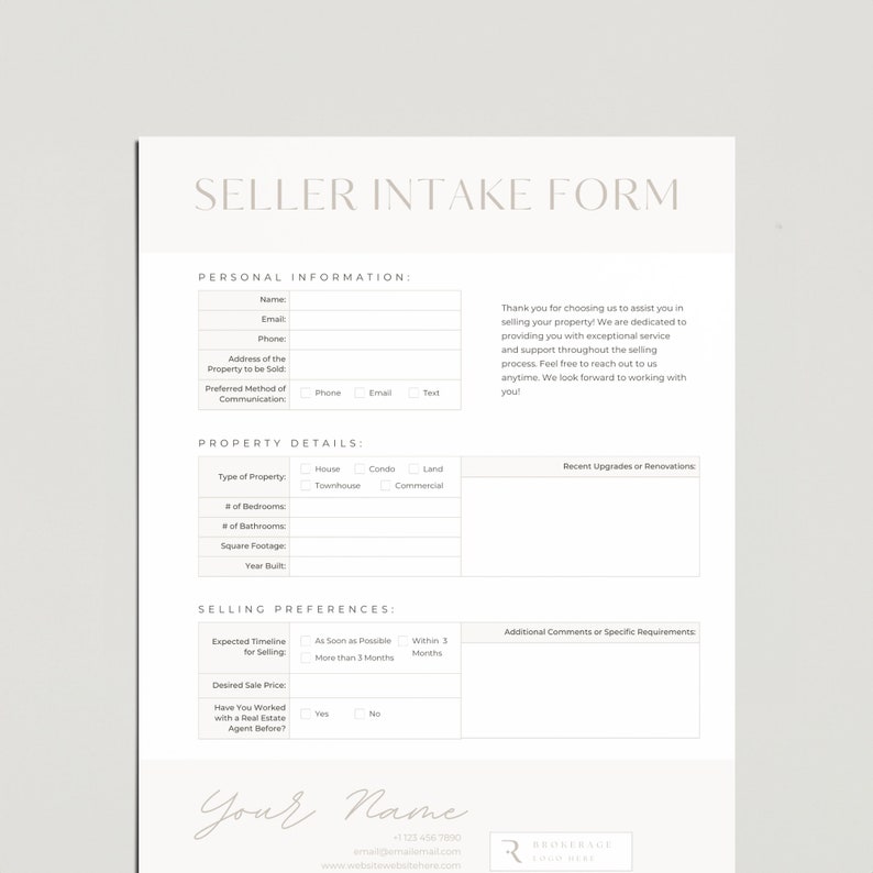 Real Estate Seller Intake Form | Fill Out Sheet Template, Personal ...