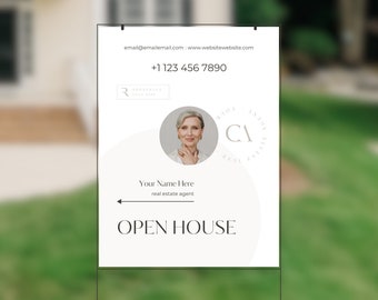 Plantilla de letrero de jardín para jornada de puertas abiertas de inmobiliaria: Letrero vertical para jardín (Canva)