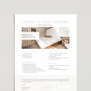 Informe/plantilla de actividad de listado de bienes raíces, resumen de ID, estadísticas del mercado local, estrategia de marketing de agentes inmobiliarios, próximos pasos, propiedad en venta
