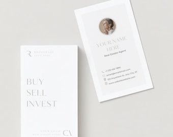 Plantilla de tarjeta de presentación inmobiliaria vertical: Diseño fotográfico minimalista (Canva editable)