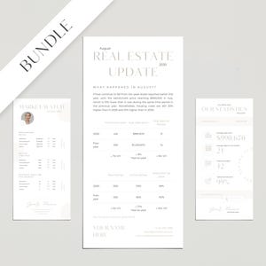 Puede incluir: Un informe del mercado inmobiliario blanco y gris con el título "Market Watch" y "Real Estate Update" con tablas y gráficos de datos. El informe incluye información sobre el total de casas vendidas, el precio de venta promedio, las nuevas listas, las listas activas y la tasa de precio de venta. El informe también incluye una sección sobre "Nuestras estadísticas" con datos sobre el precio de venta promedio, los días en el mercado y el total de ventas.