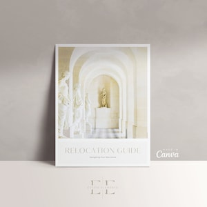 May include: A white and gold relocation guide with the text "Relocation Guide" and "Navigating Your New Home". The cover features a photo of a white hallway with arches and statues.