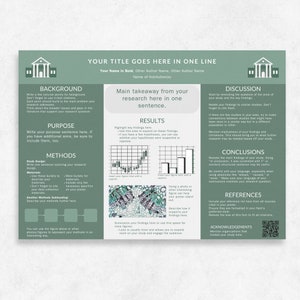 May include: A green and white poster with the title "Your Title Goes Here In One Line". The poster is divided into sections with headings for "Background", "Purpose", "Methods", "Results", "Discussion", "Conclusions", "References", and "Acknowledgements". Each section includes text and a visual representation of the information.