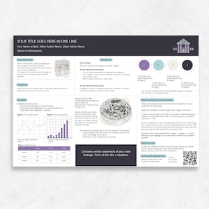 May include: A poster template for a scientific presentation. The poster includes sections for introduction, methods, results, discussion and conclusions, references, and acknowledgements. The poster also includes a QR code and a place for contact information.