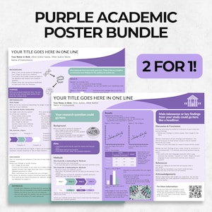 May include: A purple academic poster bundle with the text "PURPLE ACADEMIC POSTER BUNDLE" at the top. The bundle includes multiple posters with sections for title, background, results, and discussion. The text "2 FOR 1!" is also visible.