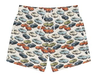 Classic Car Print Swim Trunks: 60s Petrolhead Style