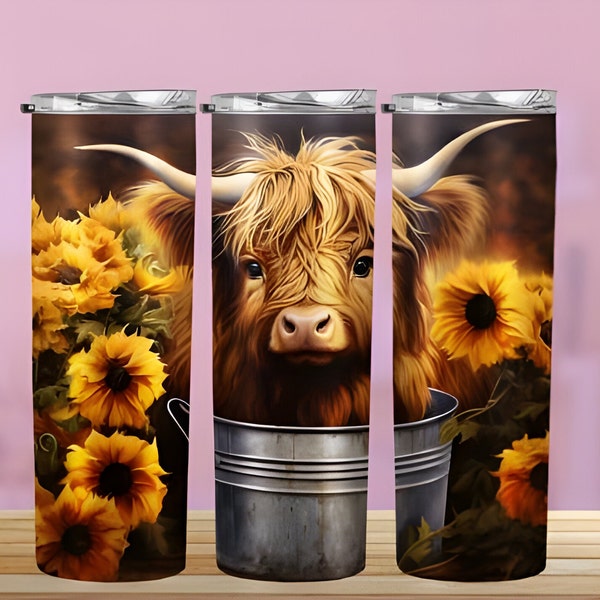 Baby Highland Cow In a Bucket 20 oz Tumbler Wrap, Boho Flowers Wrap, Digital Download Png Wrap