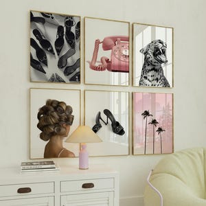 Póster retro de Estocolmo Y2K con estampado de guepardo rosa para pared, paquete de 6 pósteres de leopardo para chicas, decoración estética para dormitorios universitarios, descarga digital.
