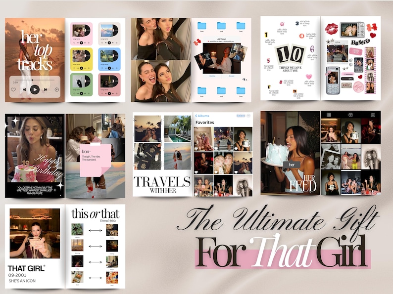 以下が含まれることがあります： 「her top tracks」、「Favorites」、「Happy Birthday」、「TRAVELS WITH HER」、「The Ultimate Gift For That Girl」のテキストが入った画像のコラージュ。画像には写真、グラフィック、テキストが含まれています。