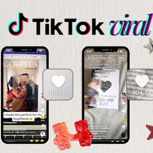 Puede incluir: Una publicaci&oacute;n de TikTok con el texto "TikTok viral" en efecto 3D. Dos tel&eacute;fonos inteligentes muestran contenido, uno mostrando una portada de revista y el otro una nota manuscrita. Tambi&eacute;n hay estrellas decorativas y ositos de goma.