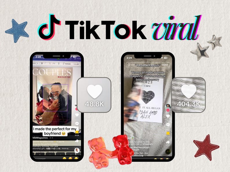 Puede incluir: Una publicaci&oacute;n de TikTok con el texto "TikTok viral" en efecto 3D. Dos tel&eacute;fonos inteligentes muestran contenido, uno mostrando una portada de revista y el otro una nota manuscrita. Tambi&eacute;n hay estrellas decorativas y ositos de goma.