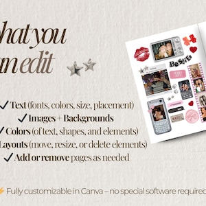以下が含まれることがあります： 編集可能なデザイン要素を示す画像。「what you can edit」というテキストと、テキスト、画像、色、レイアウトなどのオプションの横にチェックマークが表示されています。「Be StiEs」というテキストが入ったステッカーと写真のコラージュが表示されています。Canvaで完全にカスタマイズ可能です。