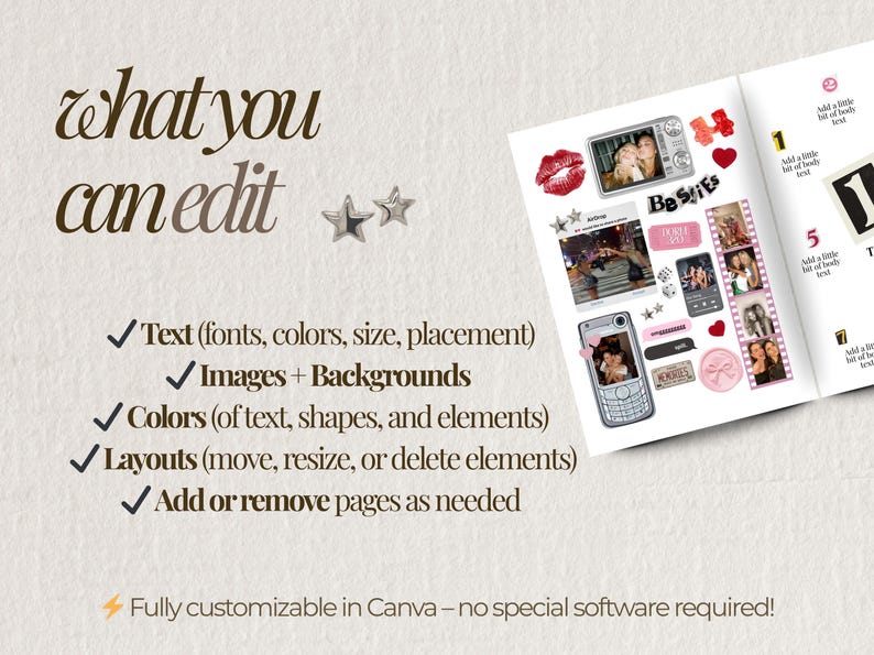 以下が含まれることがあります： 編集可能なデザイン要素を示す画像。「what you can edit」というテキストと、テキスト、画像、色、レイアウトなどのオプションの横にチェックマークが表示されています。「Be StiEs」というテキストが入ったステッカーと写真のコラージュが表示されています。Canvaで完全にカスタマイズ可能です。