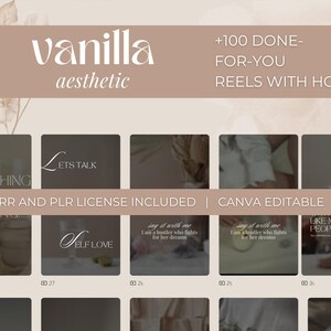 May include: A digital product listing for over 100 Instagram Reels with hooks. The listing includes a Canva template and an MRR and PLR license. The text "vanilla aesthetic" is displayed on the top of the image.