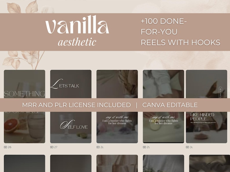 May include: A digital product listing for over 100 Instagram Reels with hooks. The listing includes a Canva template and an MRR and PLR license. The text "vanilla aesthetic" is displayed on the top of the image.