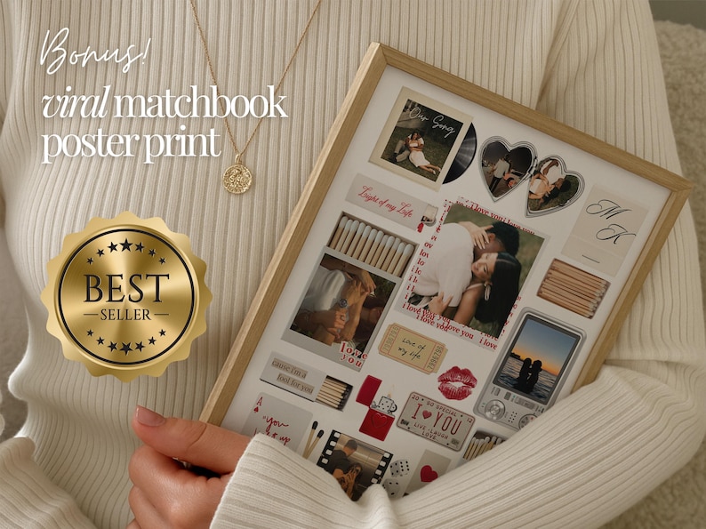 Puede incluir: Un collage enmarcado con fotos, cerillas y elementos decorativos. El collage incluye fotos de parejas, corazones y el texto "I love you". Una insignia dorada de "Best Seller" es visible.