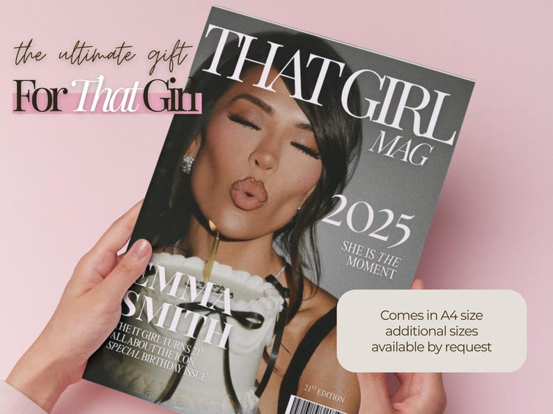 以下が含まれることがあります： 「THAT GIRL MAG」というタイトルの雑誌の表紙。2025年と「SHE IS THE MOMENT」という文字が書かれています。表紙には、キスをする女性が描かれており、誕生日ケーキを持っています。「the ultimate gift For That Girl」という文字も表示されています。