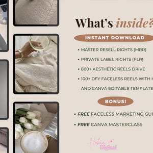 May include: A digital product listing with a beige background and text that reads "What's inside?" and lists the contents of the product, including "Master Resell Rights (MRR)", "Private Label Rights (PLR)", "800+ Aesthetic Reels Drive", "100+ DFY Faceless Reels with Hooks and Canva Editable Templates", "Free Faceless Marketing Guide", and "Free Canva Masterclass".