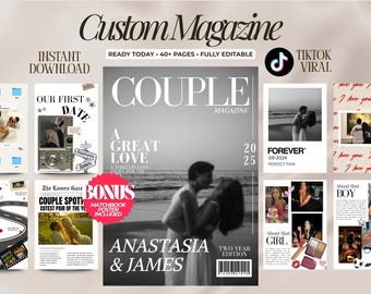 Canvaのカップル向け雑誌テンプレート、彼氏へのカスタム記念日ギフト、結婚1周年記念、彼と彼女への印刷可能なギフト
