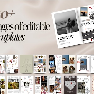 Puede incluir: Un libro abierto con el texto "FOREVER 09-2024 PERFECT PAIR" y "our JOURNEY" en la portada. La imagen muestra m&aacute;s de 40 p&aacute;ginas de plantillas editables con varios dise&ntilde;os, incluyendo fotos, texto y gr&aacute;ficos. El tema general es el amor y las relaciones.