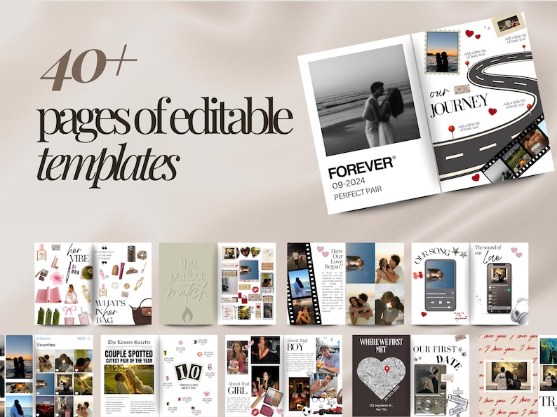 Puede incluir: Un libro abierto con el texto "FOREVER 09-2024 PERFECT PAIR" y "our JOURNEY" en la portada. La imagen muestra m&aacute;s de 40 p&aacute;ginas de plantillas editables con varios dise&ntilde;os, incluyendo fotos, texto y gr&aacute;ficos. El tema general es el amor y las relaciones.