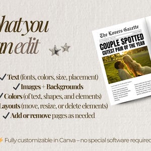 Puede incluir: Una plantilla de dise&ntilde;o digital con el texto "what you can edit" y una lista de funciones editables. La plantilla incluye un dise&ntilde;o estilo peri&oacute;dico con el titular "COUPLE SPOTTED CUTEST PAIR OF THE YEAR". Totalmente personalizable en Canva.