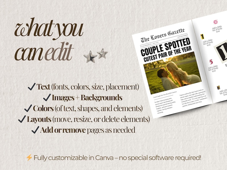 Puede incluir: Una plantilla de dise&ntilde;o digital con el texto "what you can edit" y una lista de funciones editables. La plantilla incluye un dise&ntilde;o estilo peri&oacute;dico con el titular "COUPLE SPOTTED CUTEST PAIR OF THE YEAR". Totalmente personalizable en Canva.