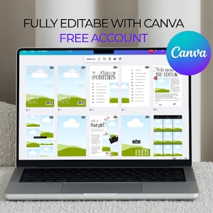 以下が含まれることがあります： さまざまなテンプレートを備えたCanvaデザインインターフェースを表示するラップトップ。画面には、「FULLY EDITABLE WITH CANVA」と「FREE ACCOUNT」の文字を含む、テキストとグラフィックを含むレイアウトが表示されます。 Canvaのロゴが表示されます。