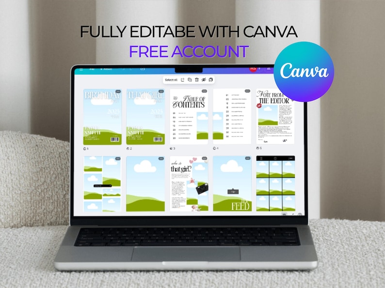 以下が含まれることがあります： さまざまなテンプレートを備えたCanvaデザインインターフェースを表示するラップトップ。画面には、「FULLY EDITABLE WITH CANVA」と「FREE ACCOUNT」の文字を含む、テキストとグラフィックを含むレイアウトが表示されます。 Canvaのロゴが表示されます。