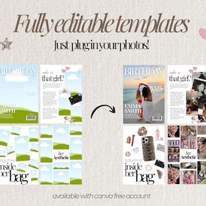 以下が含まれることがあります： 雑誌スタイルのレイアウトを備えたデジタルテンプレートデザイン。「完全に編集可能なテンプレート」と「写真を差し込むだけ！」というテキストが、雑誌の表紙や製品画像とともに含まれています。「BIRTHDAY 2025」と「EMMA SMITH」の文字が見えます。