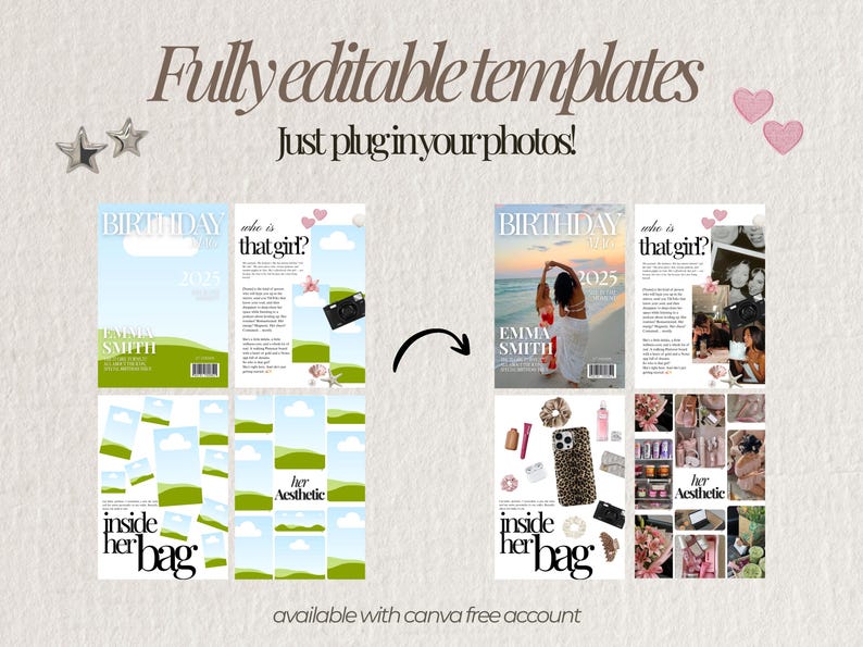 以下が含まれることがあります： 雑誌スタイルのレイアウトを備えたデジタルテンプレートデザイン。「完全に編集可能なテンプレート」と「写真を差し込むだけ！」というテキストが、雑誌の表紙や製品画像とともに含まれています。「BIRTHDAY 2025」と「EMMA SMITH」の文字が見えます。